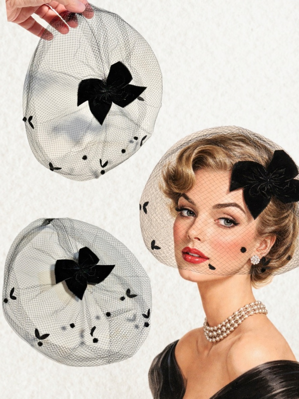 VINTAGE MCM mid century mesh net veil black velvet bow floral face hair cover